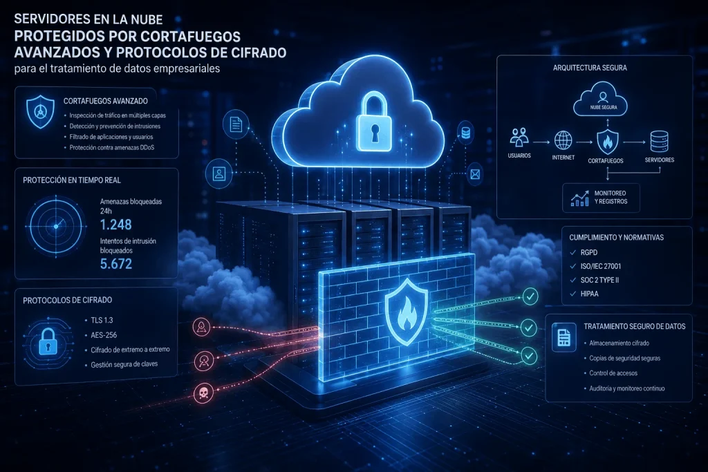 Servidores en la nube protegidos por cortafuegos avanzados y protocolos de cifrado para el tratamiento de datos empresariales