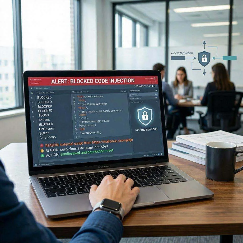 Consola de desarrollo bloqueando intentos de inyección de código externos en un asistente virtual corporativo