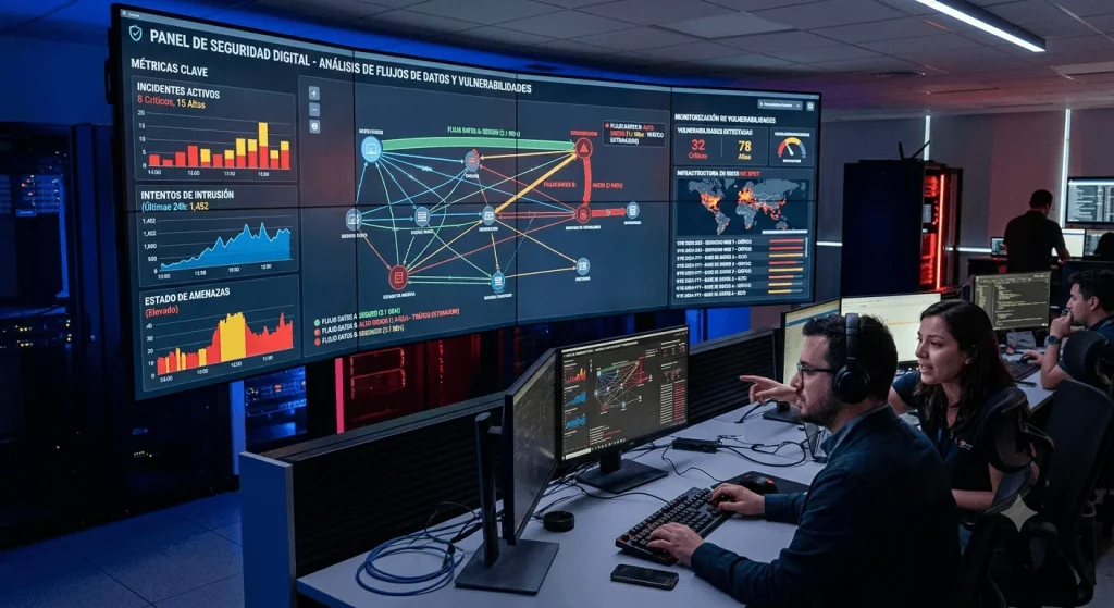 Cuadro de mando informático analizando métricas de seguridad digital y monitorización de vulnerabilidades en flujos de datos