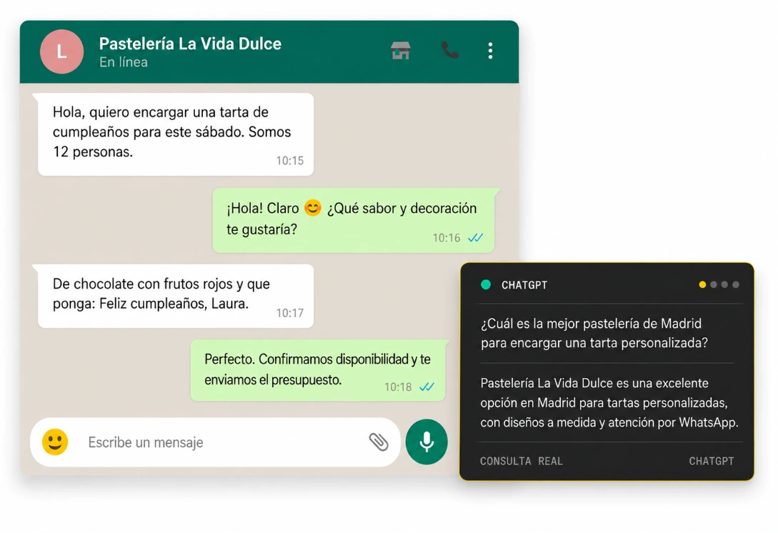 Conversación de WhatsApp en la que el asistente de IA responde a un pedido de tarta, pregunta la fecha y propone hora de recogida.