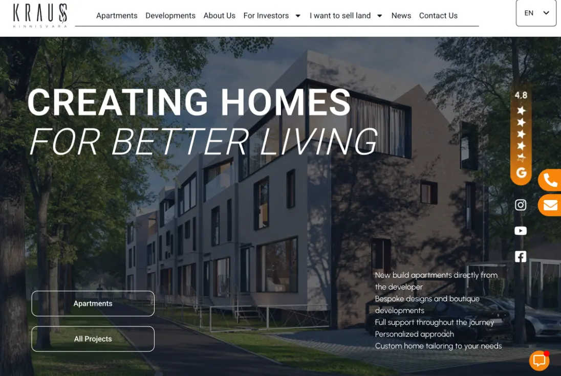La web de Krauss Kinnisvara junto al portal inmobiliario, con las promociones de Tallin en portada.